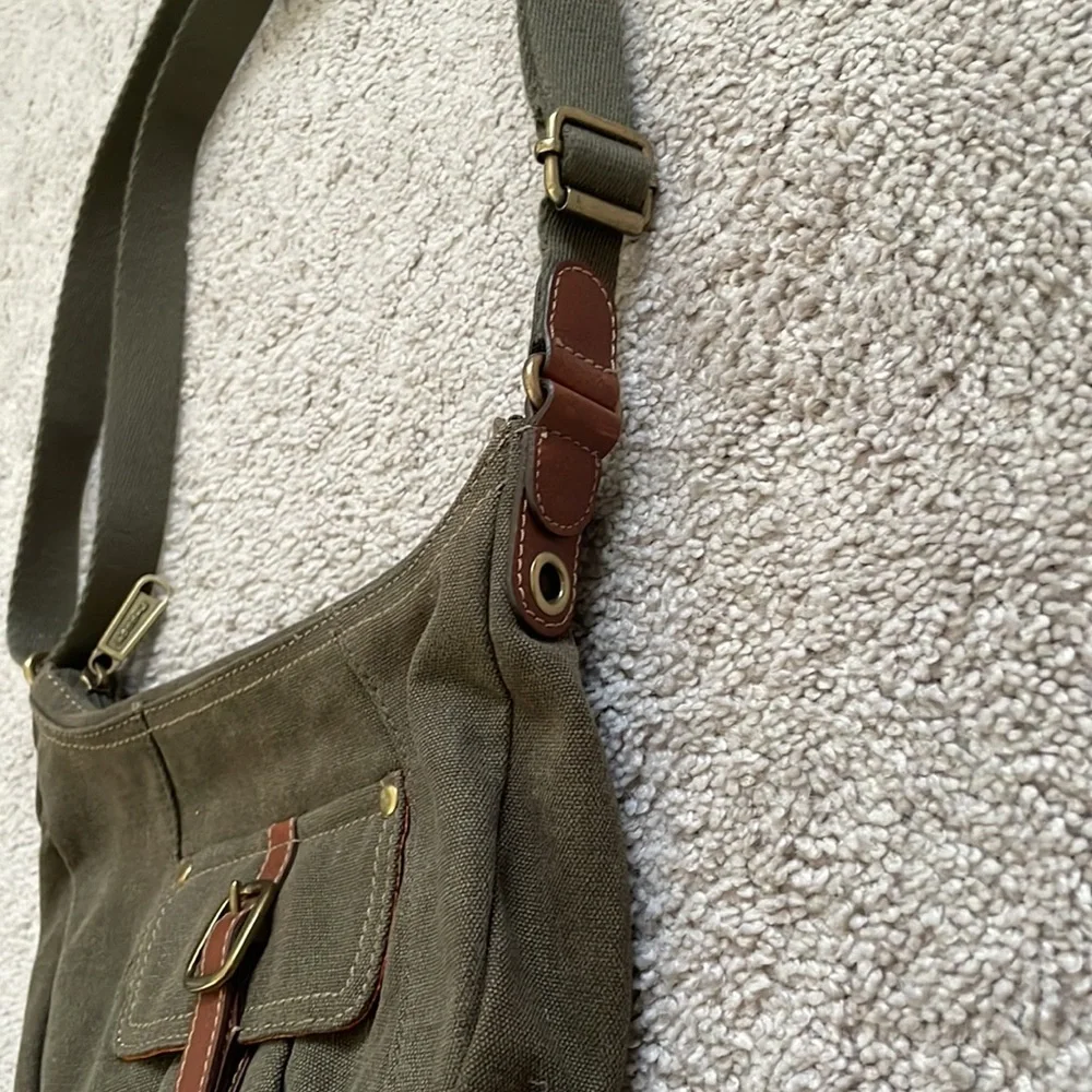 Fossil Olive Green Canvas Satchel with Brown Trim
